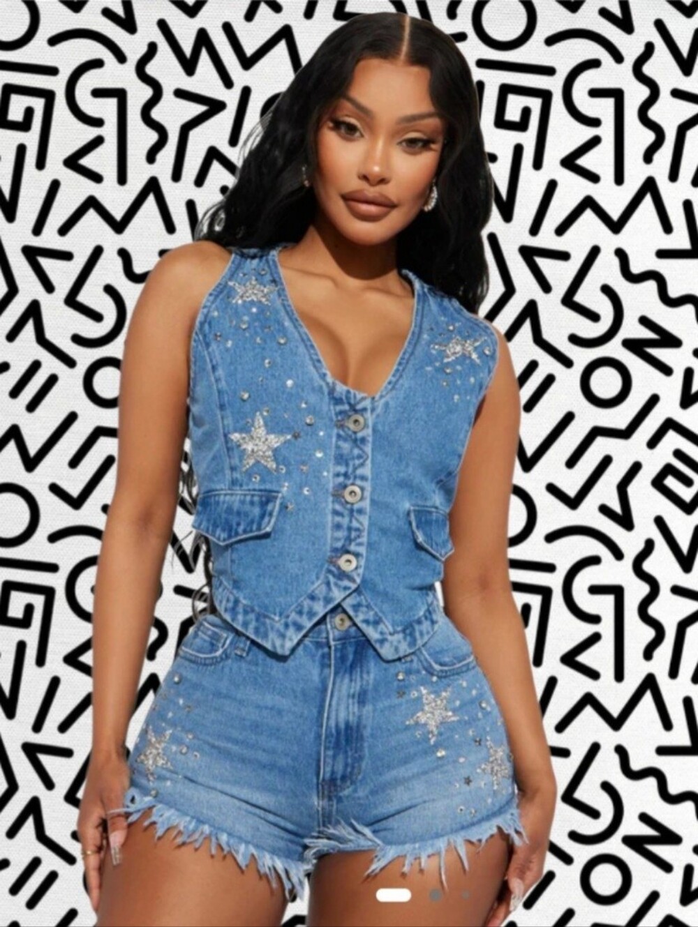 Womens Denim Vest With Crystal-Embellished - Star Vest